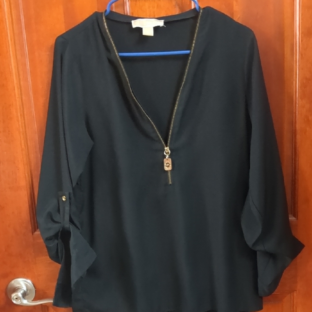 Michael Kors Black V-Neck Zippered Blouse